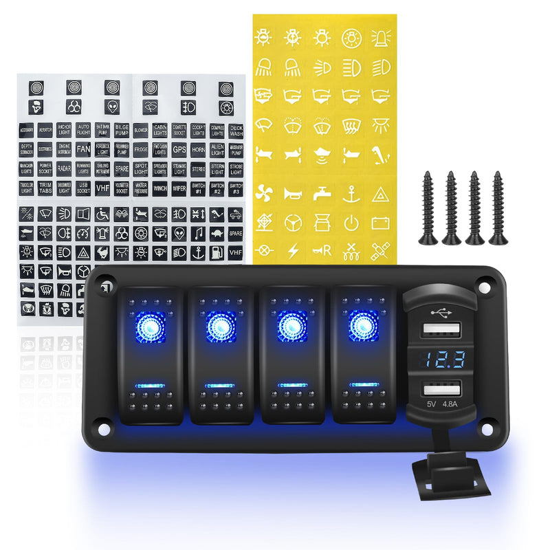 4 Gang Rocker Switch Panel with 4.8 A Dual USB Charger and Voltmeter Pre-Wired Waterproof 12V/24V DC Aluminum Switch Panel with 132PCS Night Glow Stickers for Cars UTVs ATVs Trucks Boats RVs 4 Gang Right