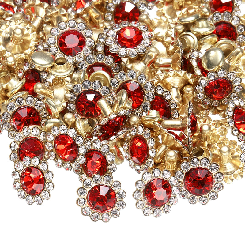 HARFINGTON 100 Set Rhinestone Rivets Studs 11mm Crystal Rivets Sun Flower Diamond Spots Leathercraft Studs for Clothing Leather Fabric Decoration, Red