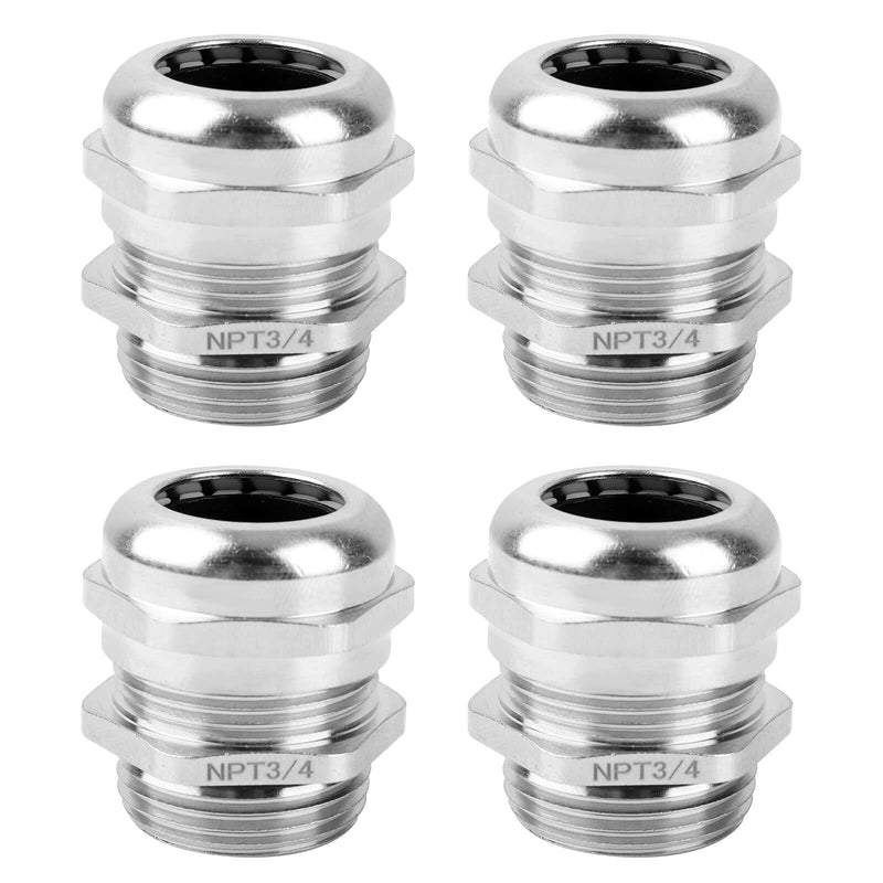 4 Pcs 3/4" NPT Nickel-Plated Copper Waterproof Cable Gland, IP68 Waterproof Adjustable Cable Glands, Strain Relief Cord Grip Connectors with Gaskets and Locknut for 13-18mm Cable Diameter