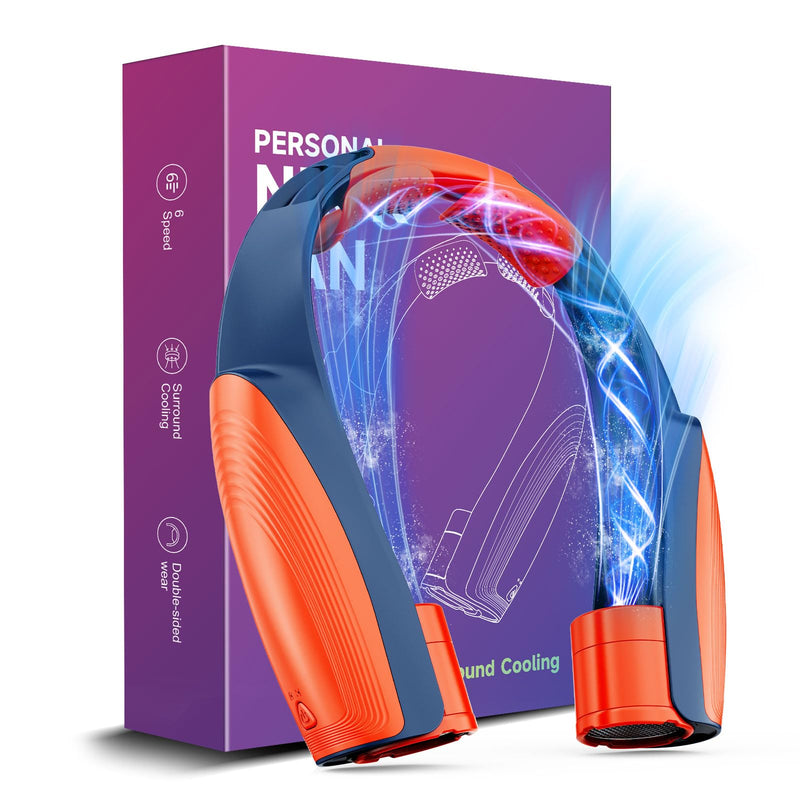 AI Portable Neck Fan with 6 Powerful Speeds, 8000mAh Battery Operated USB-C Rechargeable Fan, Hands-Free 360° Cooling Neck Fan,Ultra-Quiet Personal Fan for Women Men Office Travel(Orange-Blue) Orange-Blue