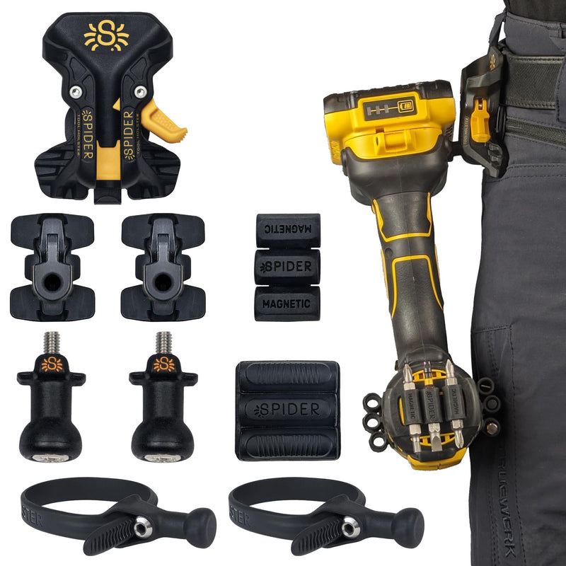 Spider Pro Tool Holster Bundle - 1 Pro Tool Holster + 2 Pro Tool Grip + 2 Pro Tool Tabs + 2 Drill Pins + 1 BitGripper + 1 Magnetic BitGripper - Compatible with All Major Brands