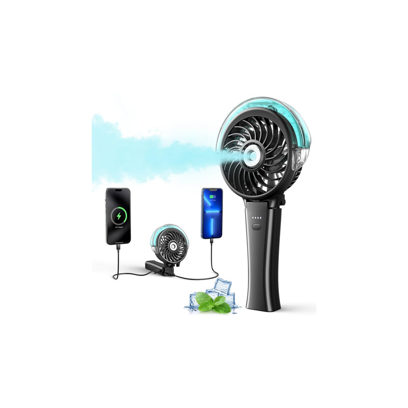 6000mAh Portable Handheld Misting Fan as Backup Power, 50ml XL Water Tank, 20H Runtime 3 Speeds, 180° Foldable Rechargeable Mist Fan for Travel, Outdoors, Makeup - Black