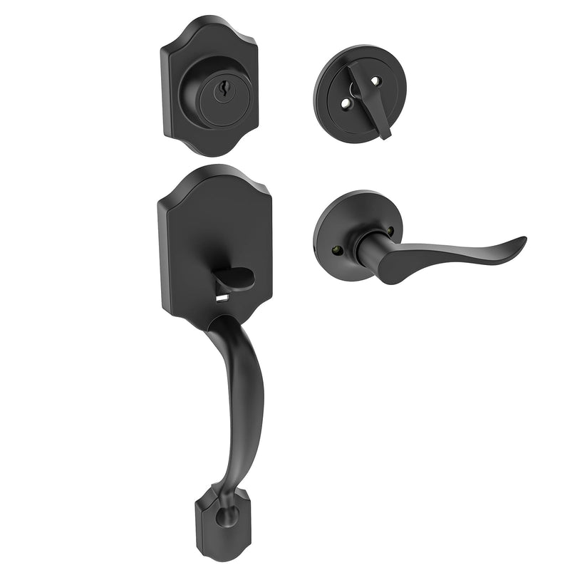 HOSOM Matte Black Front Door Handle with Deadbolt, Door Handle Exterior, Door Lock Set, Door Lever with Single Cylinder Deadbolt Reversible for Right and Left Handed