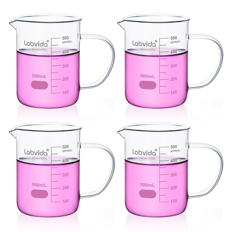 Glass Beaker with Handle, 4PCS of Vol. 500ml, 3.3 Borosilicate Griffin Low Form with Printed Graduation,LVAT002