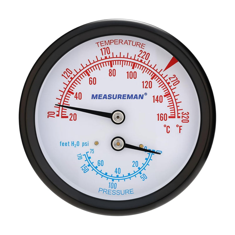 MEASUREMAN Commercial Tridicator Boiler Gauge Kit, 2.5" Dial, 0-75 PSI (ft H₂O) & 70-320°F, 1/4" NPT Back Mount with 1/2" NPT Adapter and O-Ring（2.95'' Stem） 0-75 PSI 70-320°F 2.95'' Stem,with 1/2" NPT Adapter