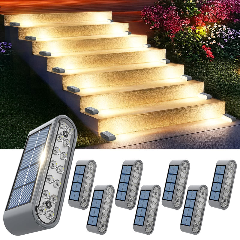 Solar Step Lights for Outside, 8-Pack Stair Light Outdoor Waterproof IP67, 14 LED Warm White Light Solar Powered Lighting for Steps, Stairs, Deck, Patio, Walkway, Front Porch Decor Warm Light