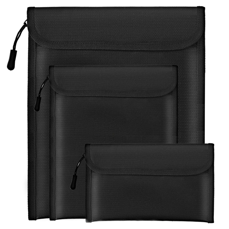 Fireproof Waterproof Document Bag 3-Pack Black 2000℉ Money Bag for Cash Passports ID Cards Social Security Card Protector Waterproof Zipper Pouch Fire Proof Bank Bag Document Holder
