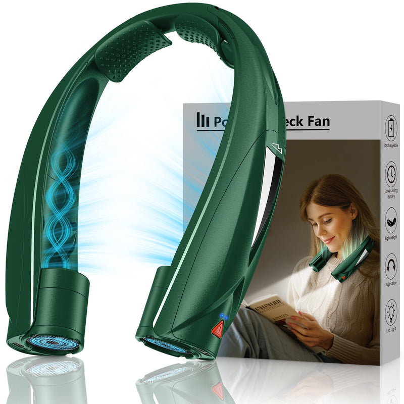 Portable Neck Fan - with LED Book Light, 6-20 Hrs Long Battery, 6-Speed Adjustable, USB-C Rechargeable, Ultra Quiet, Hands-Free Personal Cooling for Men Women Outdoor Indoor Green