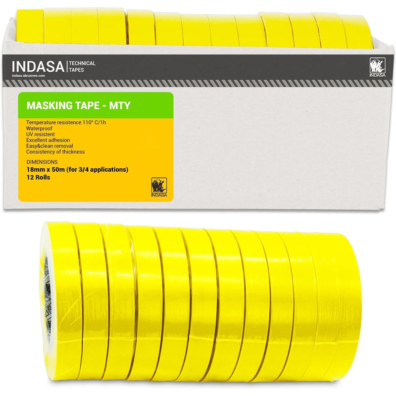 INDASA MTE Yellow 3/4" x 50m Masking Tape, 12 CASE– High-Temp Resistant, No Residue, Clean Removal – Ideal for Automotive, Painting & Industrial