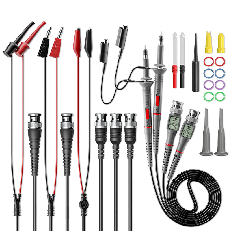 Goupchn Universal Oscilloscope Probes with Accessories Kit 100MHz 1X 10X 2 Pack with BNC to BNC, Test Hook, Alligator Clip, Banana Plug Test Leads, Wire Piercing Probe X1/X10 100Mhz 2PCS with 4PCS BNC Test Leads
