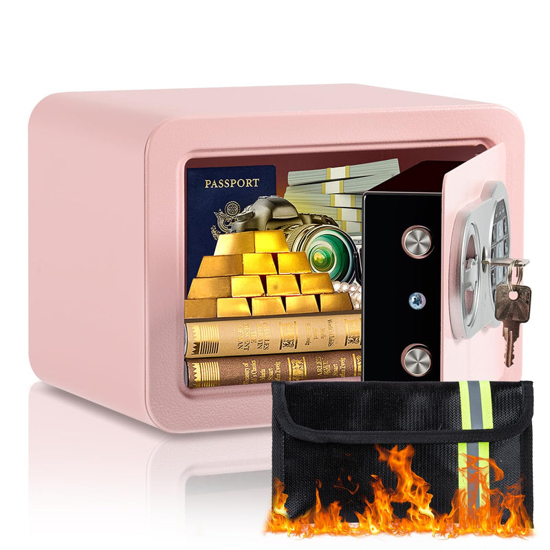 0.23 Cubic Feet Safe Box, Small Safe W/Fireproof Bag, Keys & Pass Code, Digital Electronic Security Money Box for Cash, Document, Home, Office, Hotel Use, Pink, 6.69"D x 9.06"W x 6.69"H 0.23 Cubic Feet