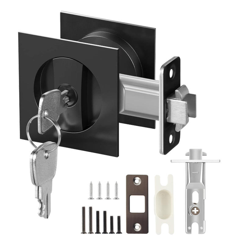 Pocket Door Lock with Key, Matte Black Sliding Door Hardware Privacy Door Latch Bifold Door Locks for Bathroom Bedroom Home Replacement, Fit for Standard Doors with 1" Diameter Holes