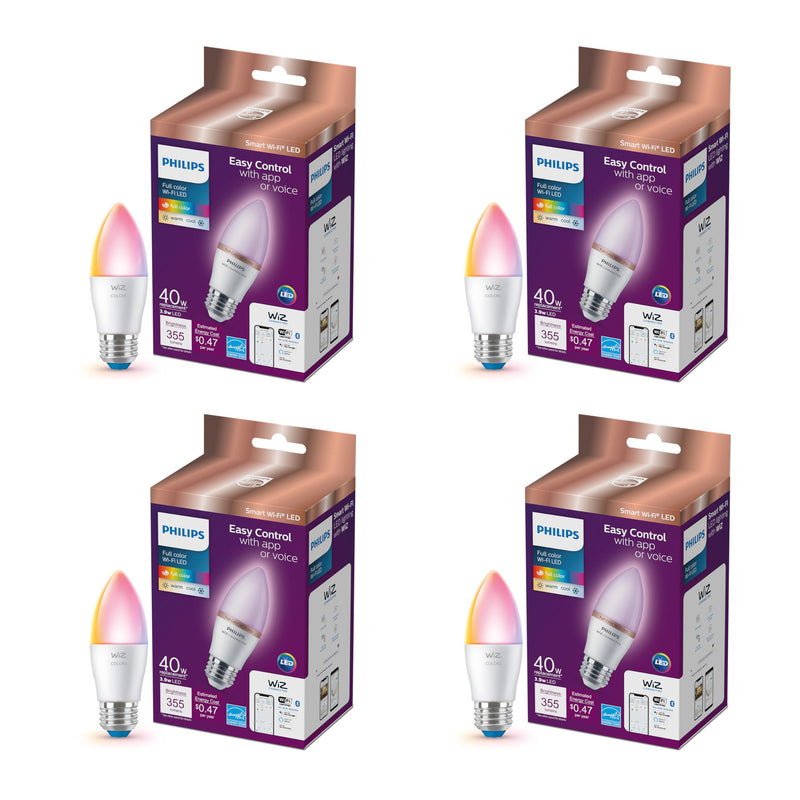 PHILIPS Smart 40W B12 Candle-Shape 4-Pack, E26 Base, Full Color, Dimmable, Indoor, Connect to Wi-Fi, Control Voice or App - Powered by WiZ Connected