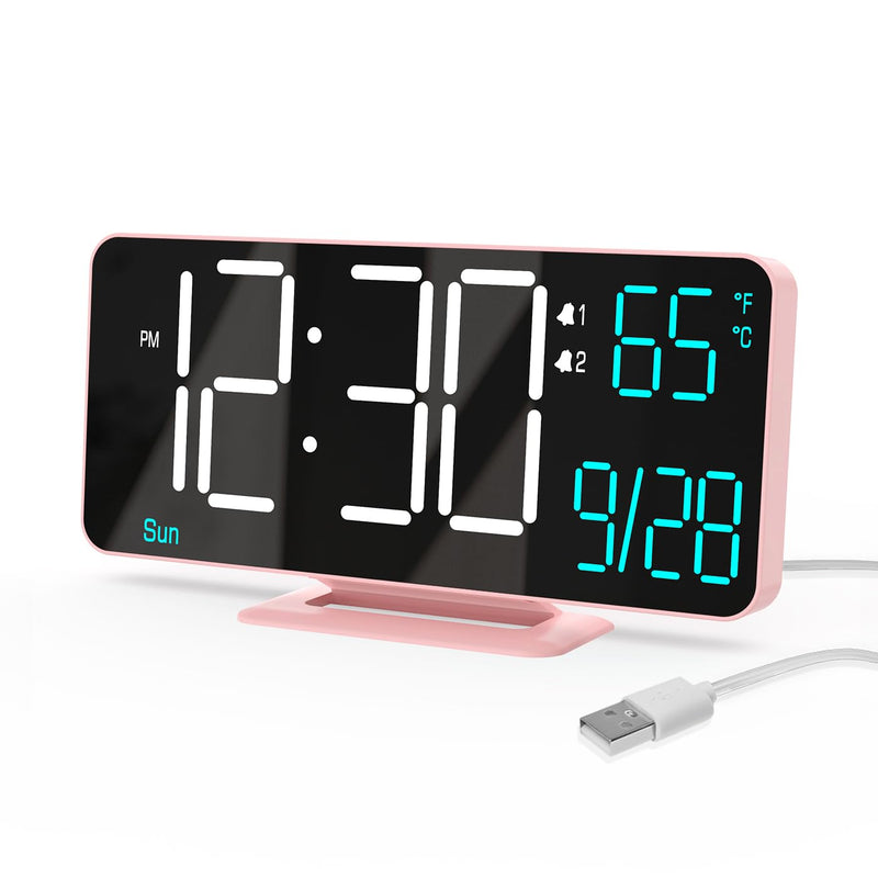 KOSUMOSU Clock for Bedroom, 6.7in Digital Alarm Clock, Auto Dimming, Room Temperature, Day of The Week, Seconds, Date, Alarm Clocks for Bedrooms, Digital Clocks for Living Room Pink (White + Blue Digits)