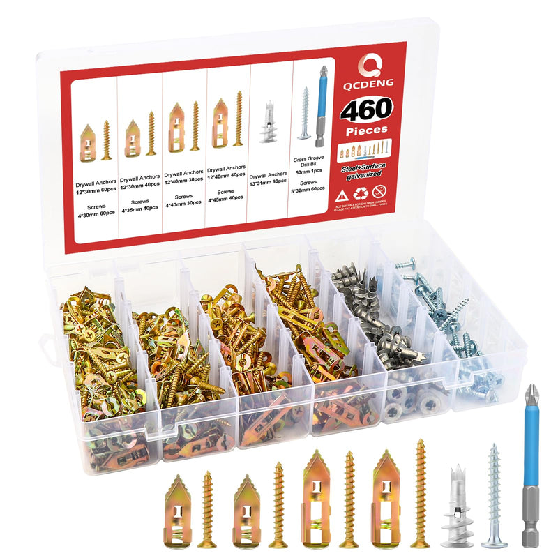 460pcs 5 Different Sizes Self Drilling Drywall Anchors Kits, Anchor and Screw Combination with Cross Groove Drill Bit