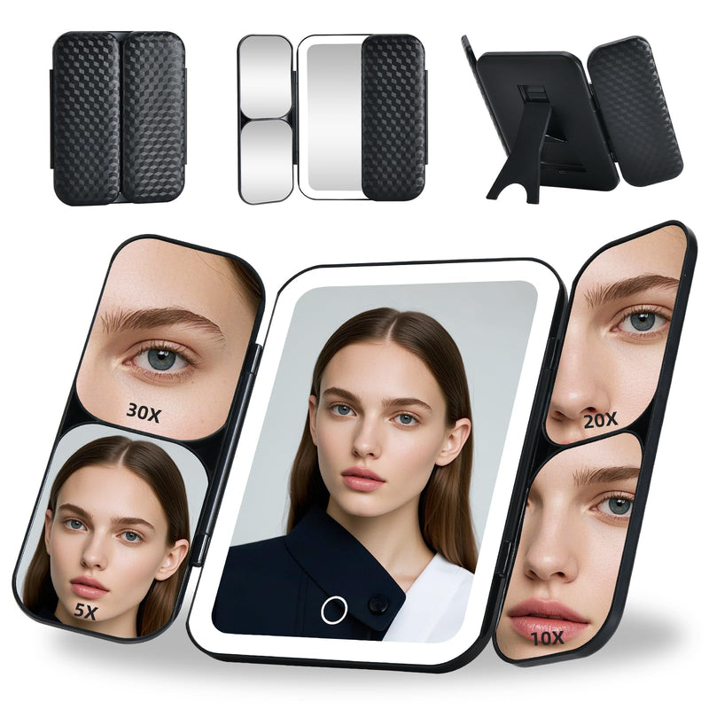 Tri-fold Vanity Mirror with Light,Rechargeable Travel Makeup Mirror with 5X/10X/20X/30X Magnifying Mirror,Touch Screen Dimming Light Up Vanity Mirrors for Travel Home,Black Black
