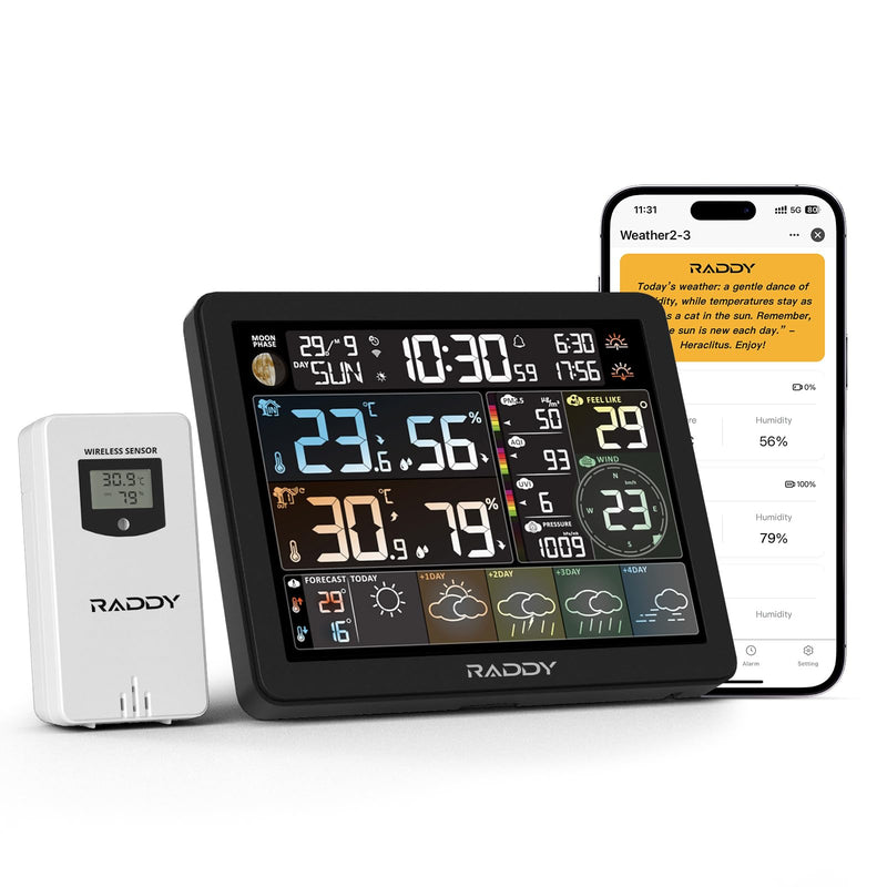 Raddy N80 WiFi Weather Station with Phone APP, Wireless Indoor Outdoor Thermometer with AI Life Assistant, 8” Display, PM2.5/AQI, UV Index, Sunrise/Sunset Time, 4 Alarms, Weather Forecast