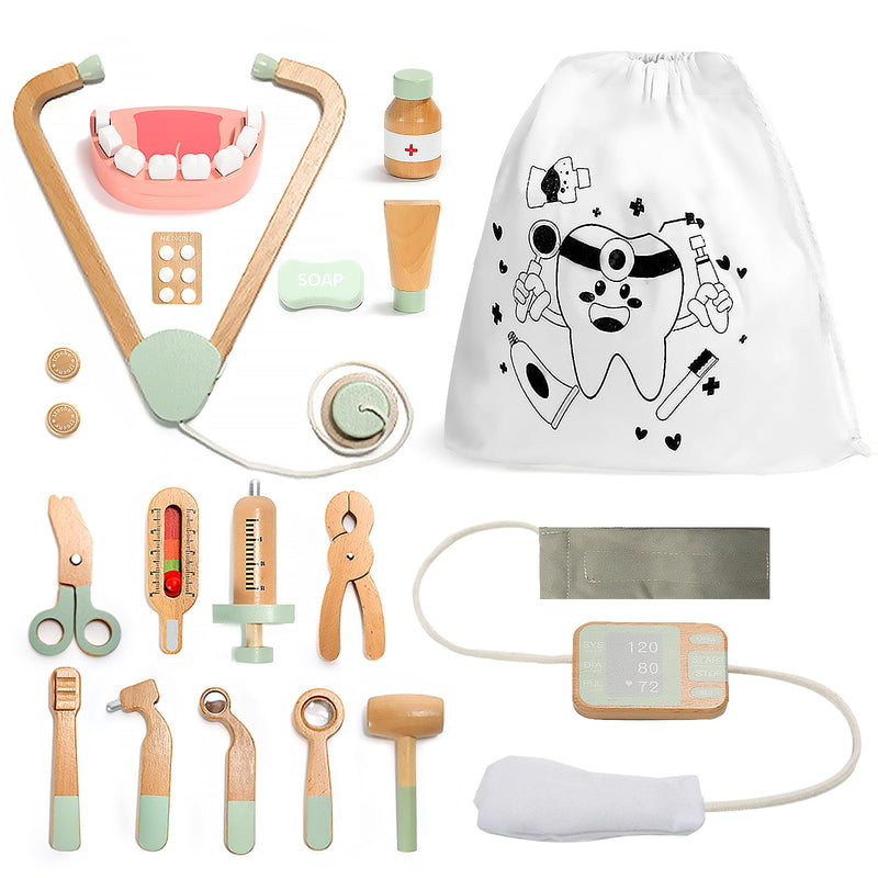 Wooden Doctor Kit for Kids, 19Pcs Pretend Play Dentist Toddlers Doctor Medical Toy Set with Stethoscope Syringe Thermometer Tooth Model and Carry Bag Montessori Role Play Gift for Boys Girls Ages 3+