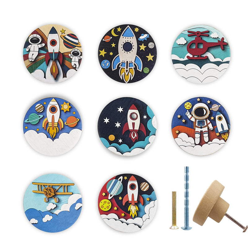 JamJam Set of 8 1.8" Wooden Cabinet Knobs Space Rocket Astronaut Moon Theme Nursery Kids Room Furniture Dresser Drawer Knobs and Pulls