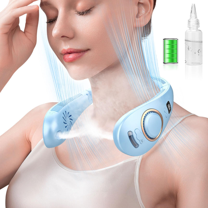 Neck Fans Portable Rechargeable-Foldaway Neck Fan with Mist,Personal Fan for Neck Wearable Hanging around,Cordless Neck Coolers for Female Male Kids Dad Mom Extremely Hot Weather Indoor Outdoor Blue