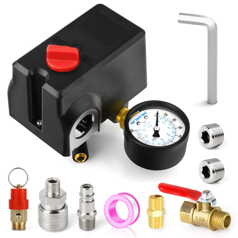 MEANLIN MEASURE Air Compressor Pressure Switch Control Valve 120-155 PSI 110V-240V 4-way Lateral Port Replacement Parts With 0-200 Psi Pressure gauge and Safety Pressure Relief Valve Basic Model