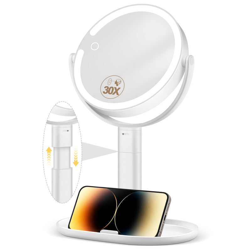 Makeup Mirror with Lights, 30X Magnifying & Height Adjustable, Lighted Magnifying Mirror with 3 Light Modes and Stepless Dimming, Vanity Mirrors for Bathroom, Birthday Gift for Women, White Withe