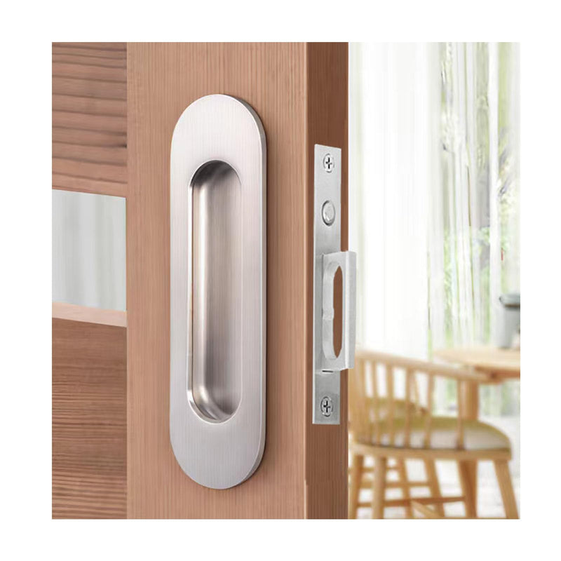 Pocket Door Handle with Edge Pull,6 inch Oval Recessed Flush Pocket Door Pulls,304 Stainless Steel Pocket Door Hardware, Hidden Edge Pull with Push Automatic Bounce Switch,Silver Silver 6 Inch