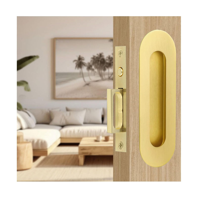 Pocket Door Handles Gold,6 inch Oval Recessed Flush Pocket Door Pull Handle,304 Stainless Steel Pocket Door Hardware, Hidden Edge Pull with Push Automatic Bounce Switch 6 Inch