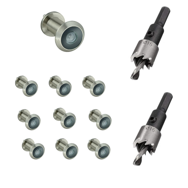 TOGU 10PCS of 220-degree Solid Brass Peep Holes for Door with 16mm Drill Bit, 0.63 inch Door Peephole with Privacy, Compatible with Door Thick from 1-3/8" to 2-1/6", Satin Nickel Finish 10 PACK + 2 Drill