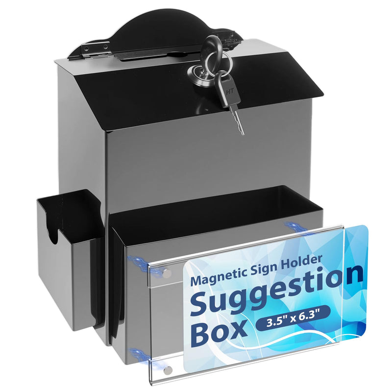 Suggestion Box with Magnetic Sign Holder, Metal Donation Boxes with Lock and Slot, Prayer Drop Ballot Raffle Tip Jars Wall Mounted Box for Fundraising Churches Offices School Black