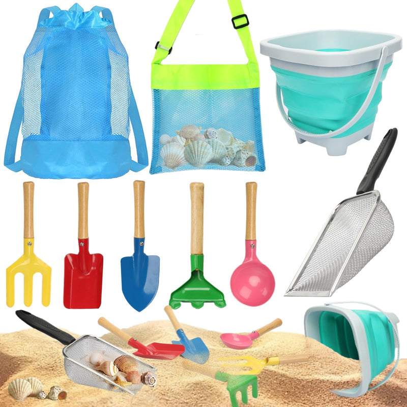 Mototo 9 PCS Beach Sand Sifter Tools Set Shark Tooth Sifter Beach Mesh Shovel with Shell Bags Collapsible Beach Bucket for Shells Collecting Shark Tooth Game Tools