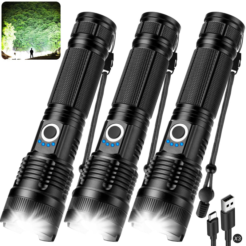 3 Pack Rechargeable Flashlight High Lumens - 99,000LM Super Bright LED Flash Light for Home with 5 Modes, Powerful Waterproof Handheld Flashlight for Camping Emergencies (L-3P) L-3P
