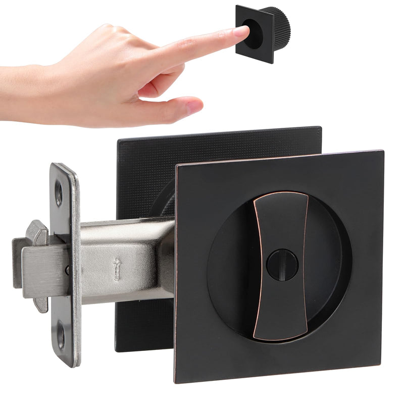 Oil Rubbed Bronze Pocket Door Hardware with Privacy Lock & Latch - Contemporary Style for Square Pocket Doors(1 Pack) Oil Rubbed Bronze