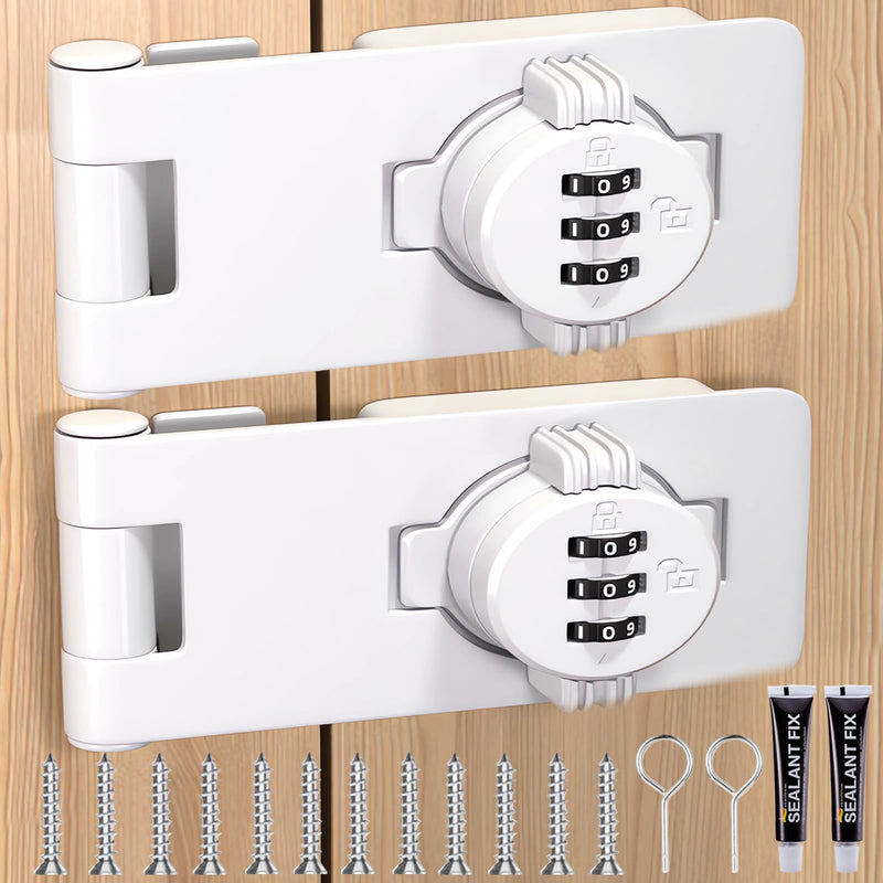 Bifold Door Lock - 2 Pack White Sliding Closet Locks for Double Doors Cabinet Lock Anti-Pry 3-Digit Password Combination Twist Knob Hasp Latch Locks for Barn Door Cupboard Pantry 4.5 inch White 2 Pack