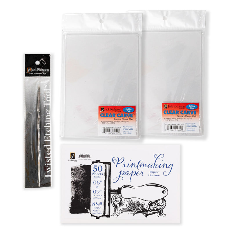 Richeson & Co. Printmaking Starter Kit - Clear Carve Etching Set, Includes Clear Carve Etching Plates, Etching Tool, Printmaking Paper