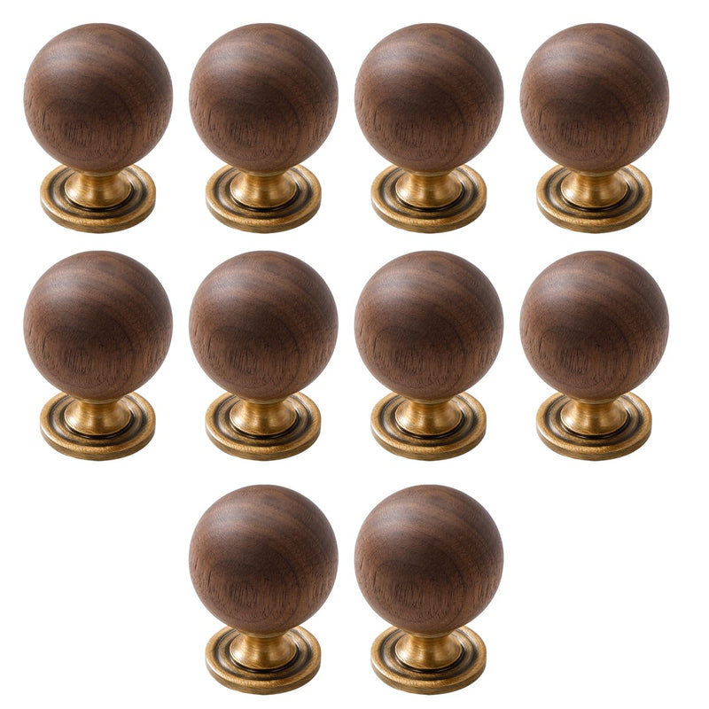 10 Pack Walnut Wood Sphere 1.18 Inch (30mm) Copper Base Wood Kitchen Pulls Cabinets Furniture Pull for Dresser Wardrobe Cupboard Drawer Knobs 10 Pack Walnut Color