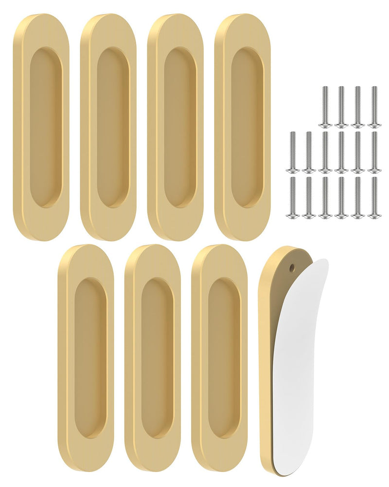 8 Pack Self-Stick Door Handles, 4 Inch Aluminum Alloy Self Adhesive Flat Finger Pulls, No Drill Cabinet Knobs for Drawer, Sliding Glass/Barn/Closet/Balcony Doors (8, Champagne) 8
