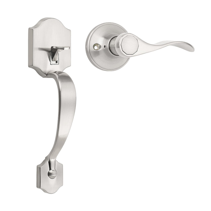 Probrico Satin Nickel Heavy Duty Front Entry Handleset, Passage Lock Grip Handle with Wave Lever Keyless Door Locks, Interior and Exterior Entrance Door Handle with Reversible Handed Lever,1Pack 1