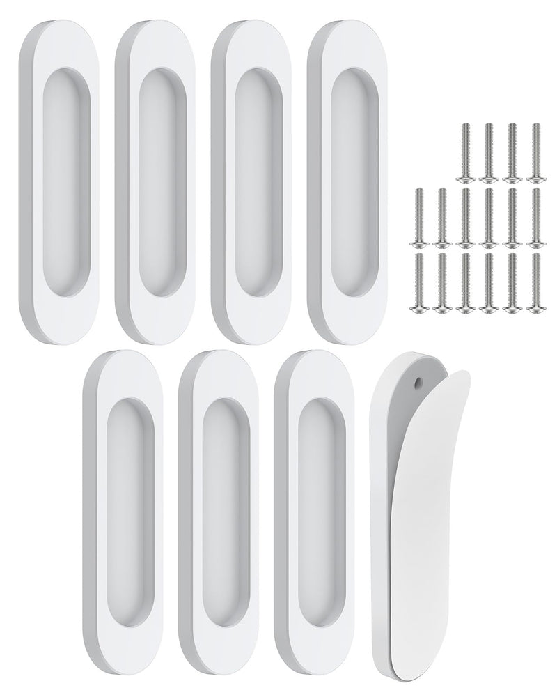 8 Pack Self-Stick Door Handles, 4 Inch Aluminum Alloy Self Adhesive Flat Finger Pulls, No Drill Cabinet Knobs for Drawer, Sliding Glass/Barn/Closet/Balcony Doors (8, White) 8