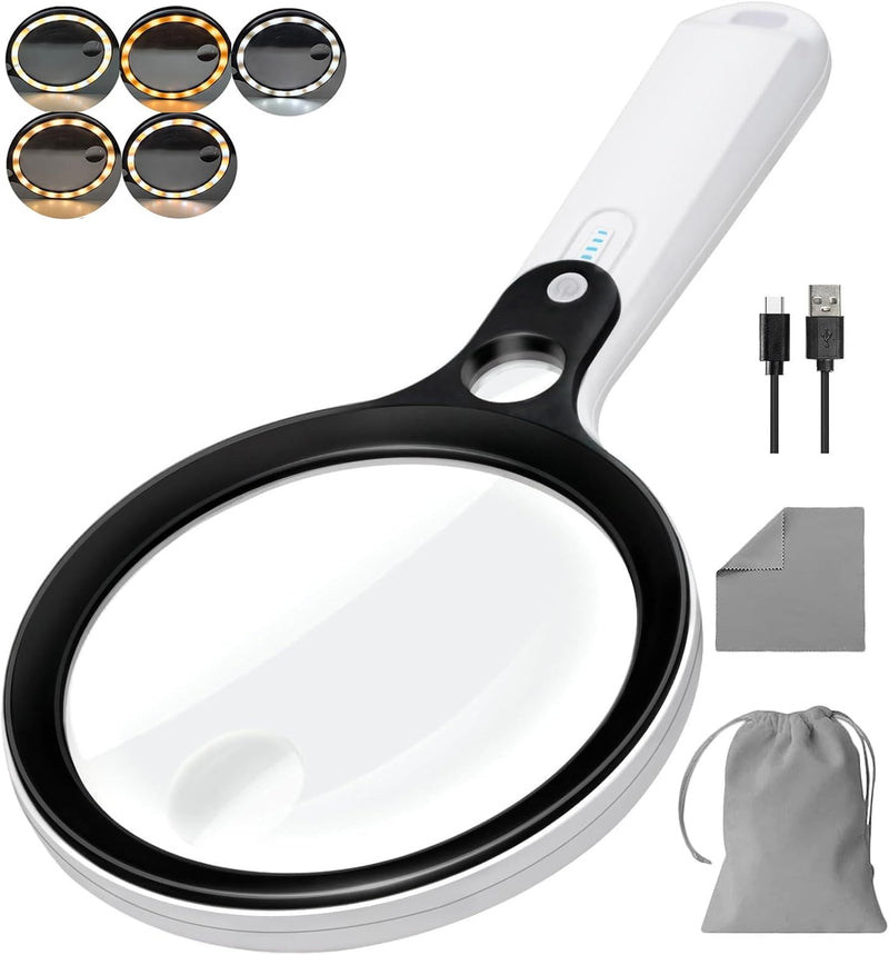 Magnifying Glass with 48 LED Light, 10X 20X 45X Handheld Illuminated Lighted Magnifier with 5 Light Modes Rechargeable Magnifying Glass for Seniors Reading Inspection (Black & White) White Handle