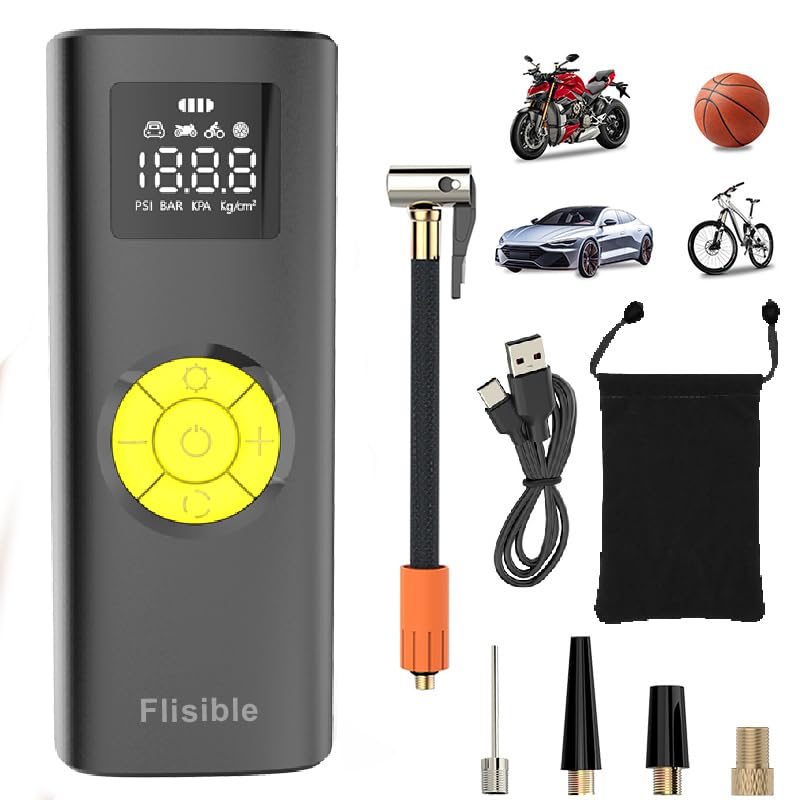 Air Compressor Portable Tire Inflator, 9000mAh Electric Air Pump, 150PSI Bike Pump Cordless Fast Inflate with Pressure Gauge & LED Light & LCD Display for Cars, Bikes, Balls, Motorcycles,Yellow Yellow