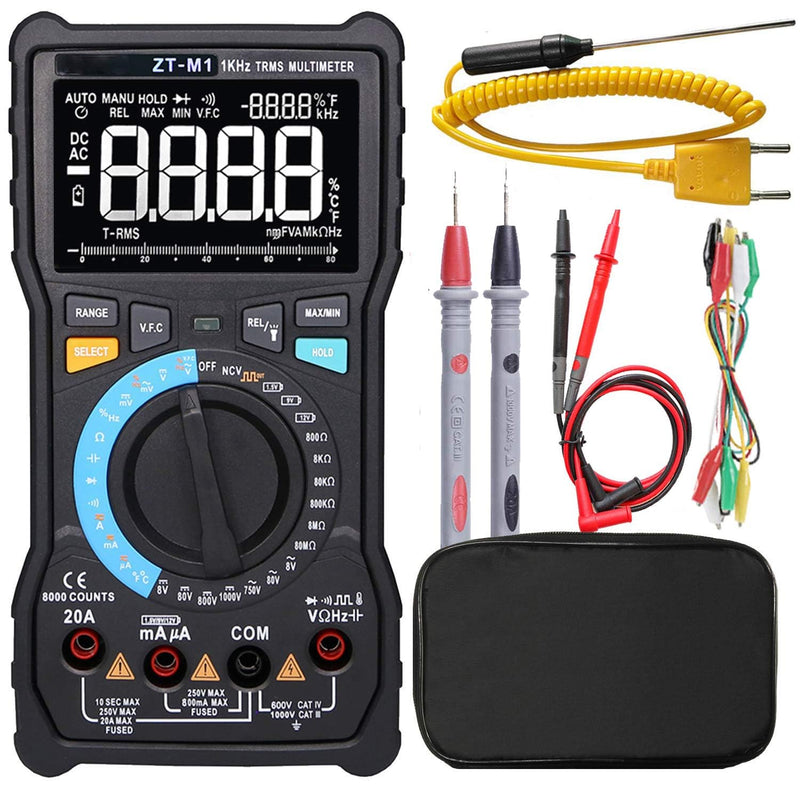 Auto Ranging Digital Multimeter TRMS 6000 with Battery Alligator Clips Test Leads AC/DC Voltage/Account,Voltage Alert, Amp/Ohm/Volt Multi Tester/Diode (ZT-M1) ET826