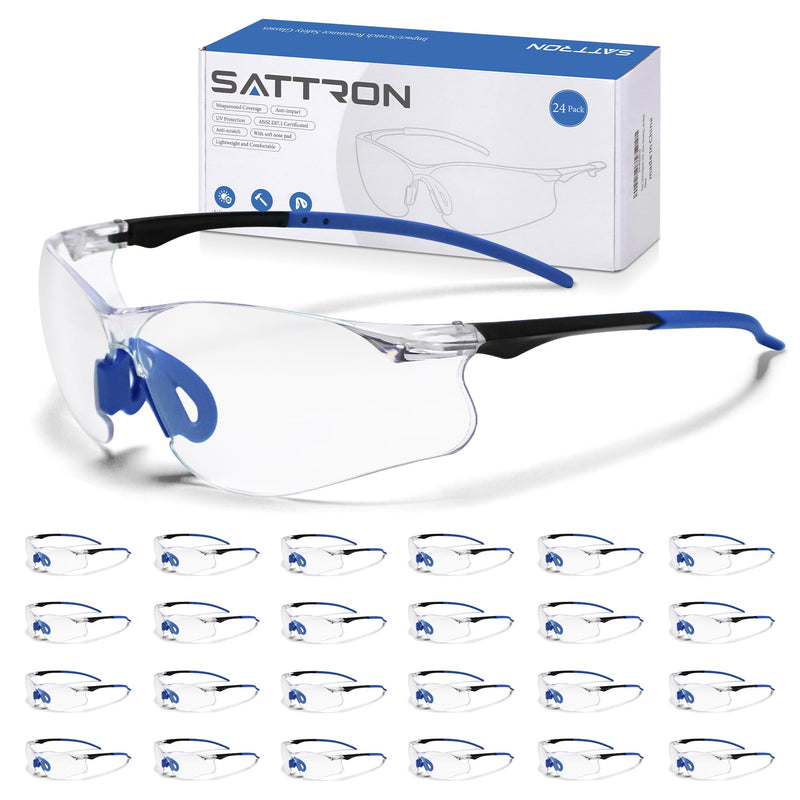 Clear Safety Glasses 24 Pack, Protective Eyewear UV Protection ANSI Z87.1, Safety Goggles Scratch & Impact Resistant, Eye Protection with Nose Pads for Men & Women Construction, Shooting, Lab Work Clear Lens/Blue Temples