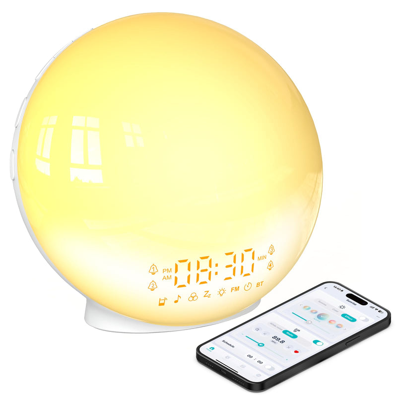 Smart Sunrise Alarm Clock with No Signup APP Control & Wake-Up Light, 4 Alarms, White Noise, FM Radio, Wireless Speaker, White