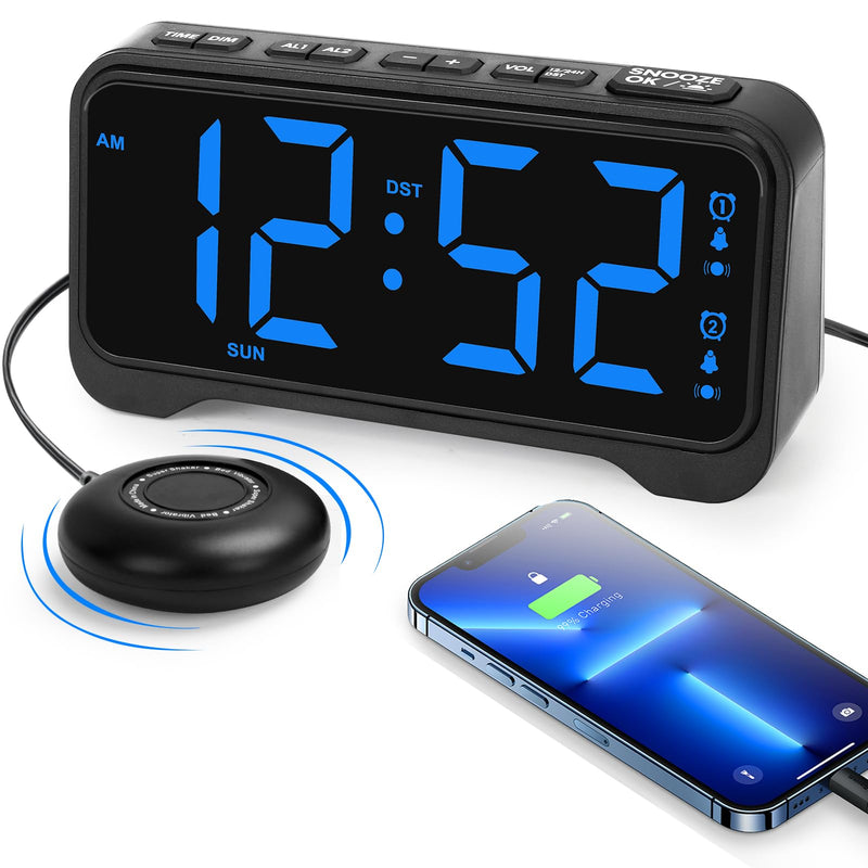 Loud Alarm Clock for Heavy Sleepers Adults, Vibrating Alarm Clock for Teens/Deaf, 7.5" Bright Clear Digital Screen, Adjustable Brightness with Night Light, 3 Levels Bed Shaker Under Pillow, Dual Alarm Blue