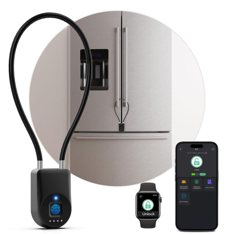 Fingerprint Cable Lock, Fridge Locks with Fingerprint Bluetooth APP Control, Smart Biometric Waterproof Child-Proof Refrigerator Lock for Kids & Adults Fridge French Door Cabinet Gate Black