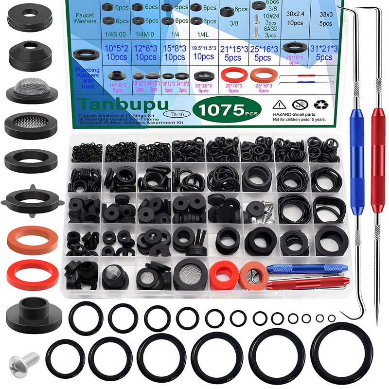 37 Sizes 1075Pcs Universal Rubber Washers Assortment Kit Faucet washers & O-Rings & Plumbing gaskets for Faucets, Hoses, Spigots and Other Home Plumbing Seal Repair with Pick Hook