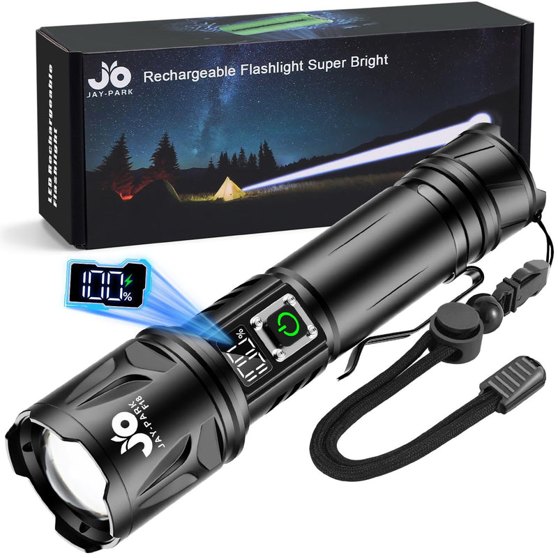 JAY-PARK High Lumen Flashlight - 100000 Lumens, Rechargeable 5000mAh with LCD Display, Zoomable Long Beam (3000m), IP67 Waterproof, 5 Modes & Belt Clip - for Camping, Dog Walking Black