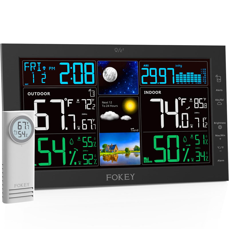Weather Station Wireless Indoor Outdoor, Indoor Outdoor Thermometer Wireless, Home Atomic Clock Weather Stations, Temperature Humidity Barometer Inside Outside Thermometers, Black with 1 Sensor