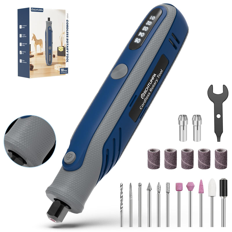 Rotary Tool, 4V Cordless Rotary Tool with 5 Speed(5000-18000RPM), Digital Display, Rotary Tool Kit with Rubber Handle for Engraving, Sanding, Polishing, Drilling, Grinding, USB-C Charging 5-speed Navy Blue